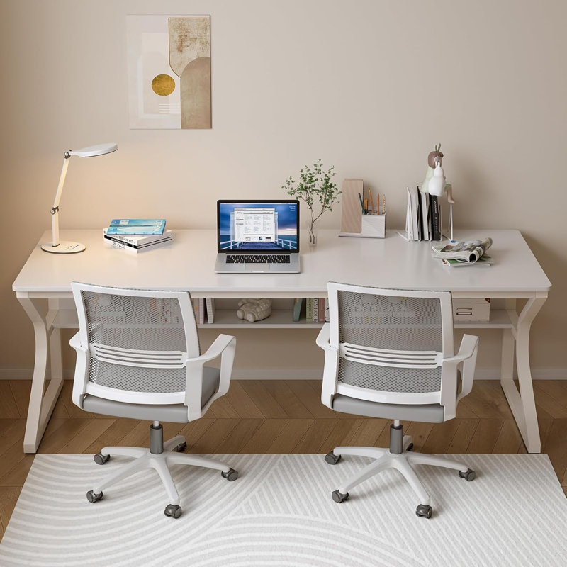 Warm White Extra Long Desk with Bookshelf and Metal Frame