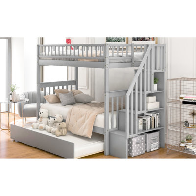 Lit superposé convertible gris, lit simple au-dessus de simple, lit gigogne et rangement, idéal pour partager une chambre à coucher avec rangement latéral