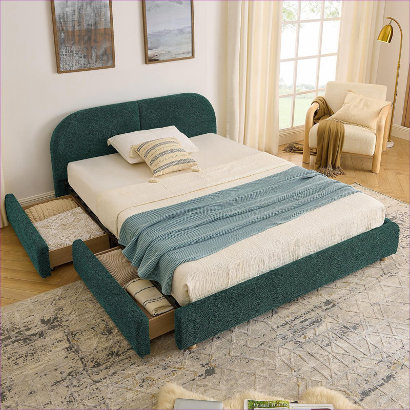 Grand lit plateforme tapissier grand, style minimaliste moderne, vert classique avec tête de lit courbée et tiroirs de rangement