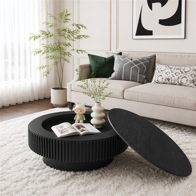 Table basse 31,5 "ronde avec rangement Table d'appoint moderne en placage de bois massif, Noir