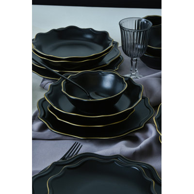 24-Piece Ceramic Dinner Set, Matte Black, 6 Service Plates (10.6 in), 6 Dinner Plates (8.7 in), 6 Cake Serving Plates (7.9 in), 6 Bowls (5.9 in) | 100% Ceramic Stoneware, Antibacterial, Eco-Friendly, Dishwasher Safe, Easy to Clean