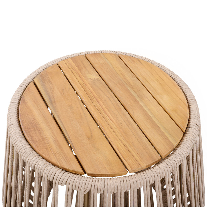 Table d'appoint en bois d'acacia avec base en corde beige - finition teck clair, accent côtier moderne pour la terrasse, le jardin, le balcon et l'intérieur