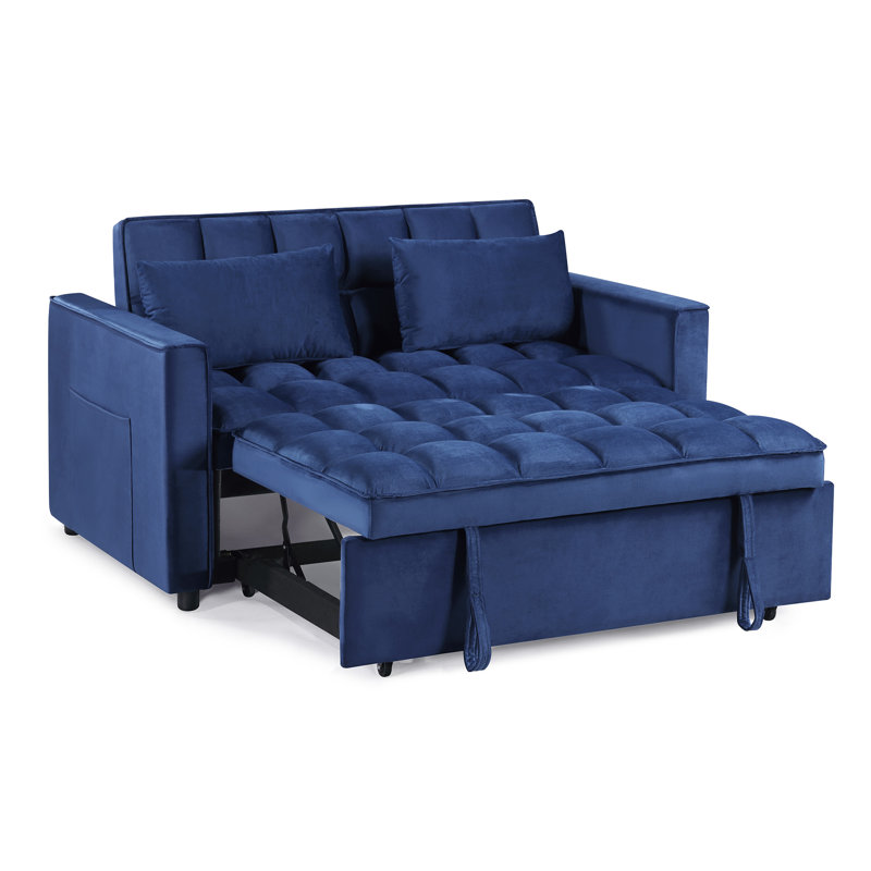 Canapé-lit simple à dossier capitonné en velours de 55 po Yasirah, Velours bleu