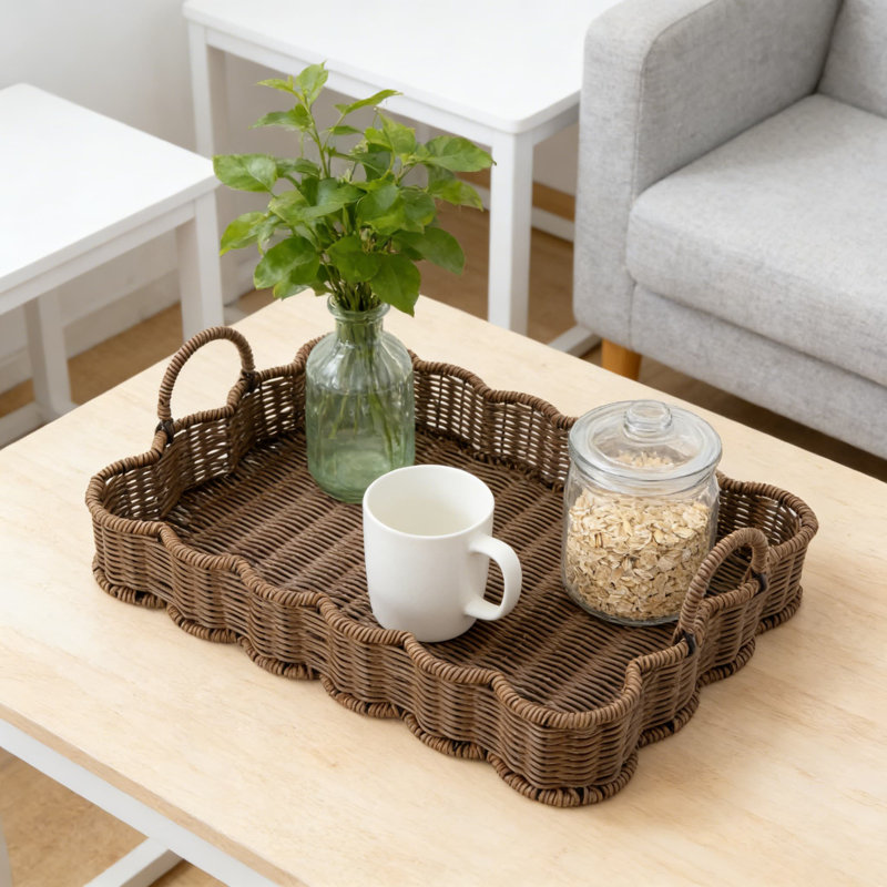 Scalloped Edge Woven Serving Tray With Handles, Decorative Rectangle Coffee Table Tray, Rustic Farmhouse And Coastal Style Wicker Tray For Entryway, Kitchen, And Living Room
