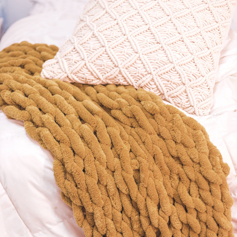 Chunky Gold Chenille Knitted Reversible Throw Blanket