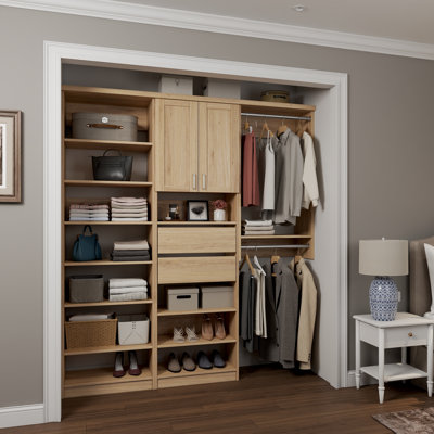 Natural Oak 58.5" Floor-Mounted Single Wall Closet System with 3 Sections, Shaker Doors, 2 Clothing Rods, 14 Shelves & 2 Reveal Drawers