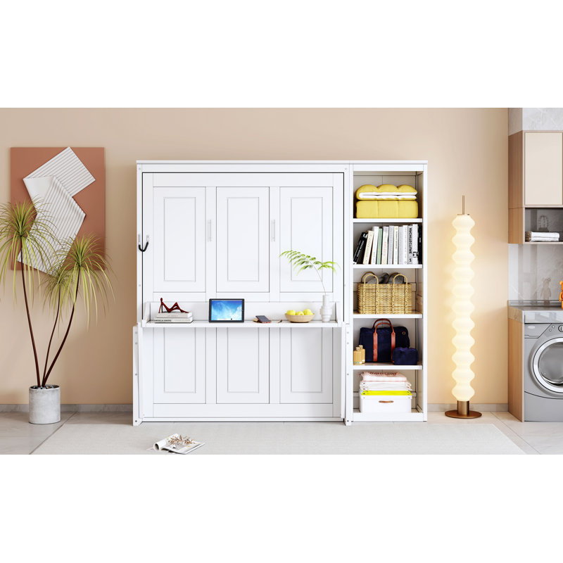 Structure de lit, lit escamotable avec bureau et bibliothèque, Double, Blanc