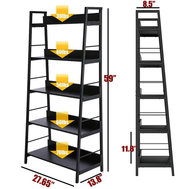Eleri 5 Tiered Bookshelf, Ladder Shelf Etagere Bookcase, Wood and Metal Bookshelf, Black