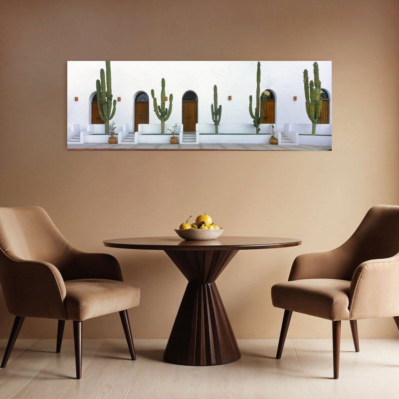 View Of Cardon Cactus Plants Outside A Building Todos Santos Baja California Sur Mexico by Leo L. Larson - Wrapped Canvas Panoramic Print
