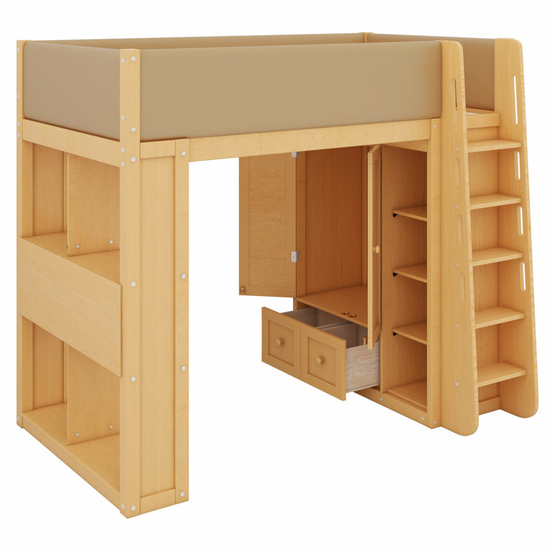 Un lit mezzanine avec armoire intégrée, tiroirs, étagères et éclairage d'ambiance structure une chambre moderne., Wood
