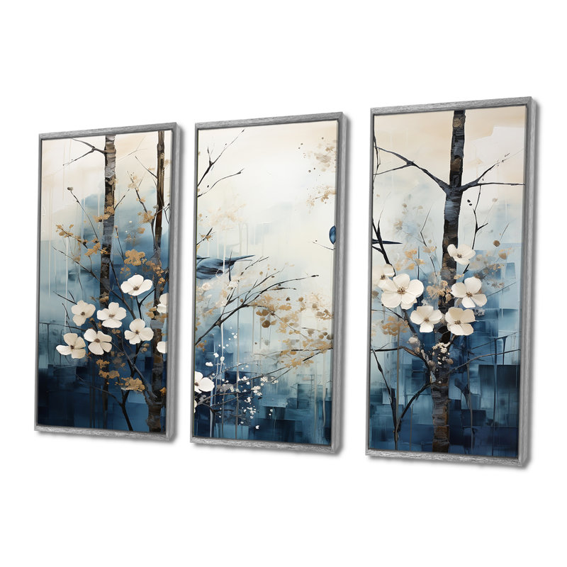 «Blue and White Forest Winter Harmony I», ensemble d'art sur toile, H 32 po x l 48 po x P 1 po, Encadrement argenté