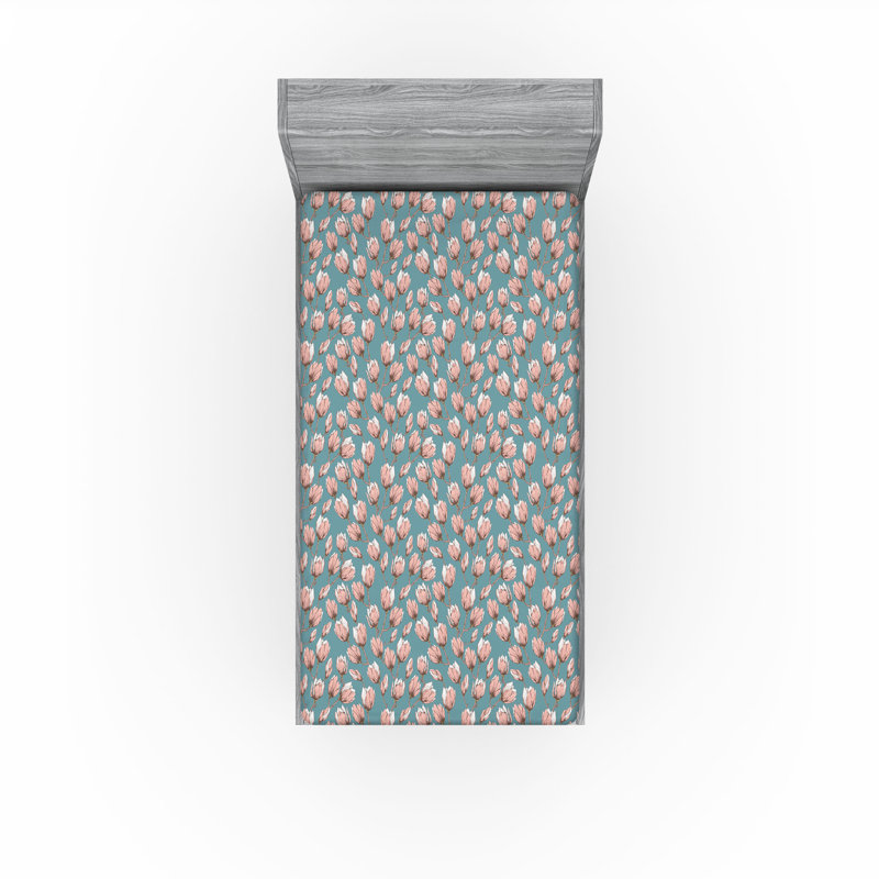 Ambesonne Nature Fitted Sheet Leaves Botanical Style Art, Twin Fitted Sheet, Gray/Teal Rose/Umber Floral