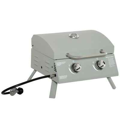 Outsunny 2 Burner Propane Gas Grill Outdoor Portable Tabletop BBQ With Foldable Legs, Lid, Thermometer For Camping, Picnic, Backyard, 