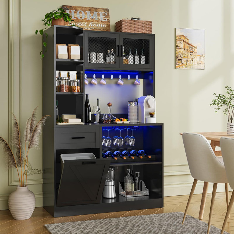 Bar à vin 67,3 "avec prise de courant et lumières DEL, support à vin, armoire haute avec rangement, armoire de cuisine