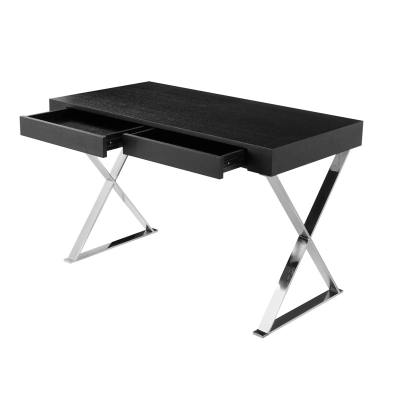 Alexa Contemporary Black Wood top Writing Desk with Polished Steel/Metal X-Base and 2 Storage Drawers, Black/Silver