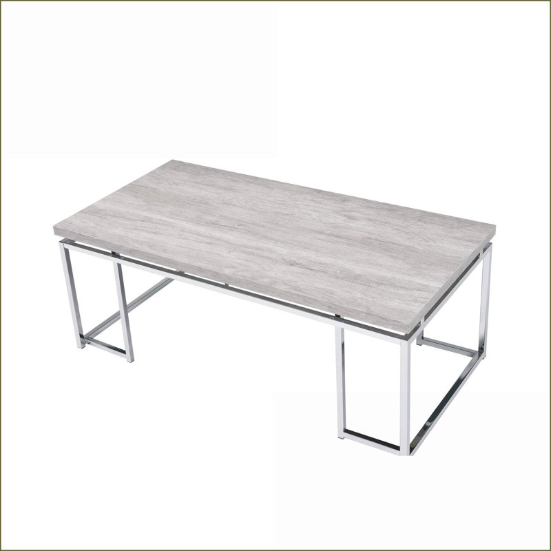 Table basse en chêne naturel avec base en métal chromé - Centre de table spacieux, conception de traîneau stable