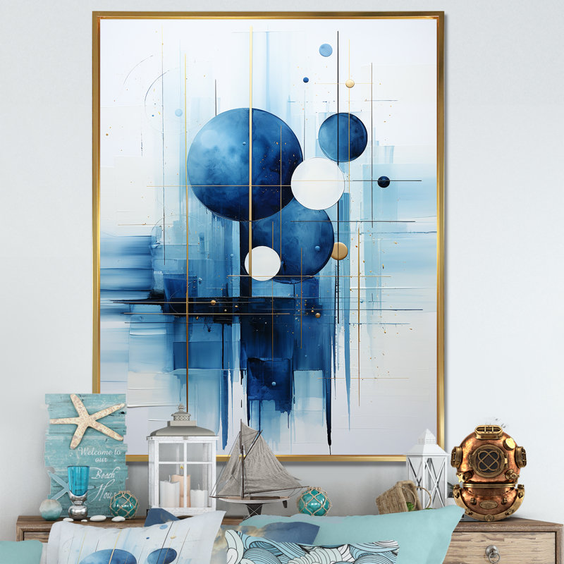 Blue Nautical Shapes I - Coastal Minimalisme, art mural, H 32 po x l 16 po x P 1 po, Cadre flottant doré