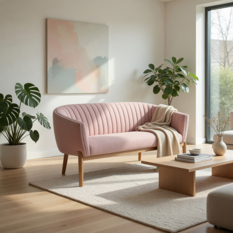 Fery Loveseat, Blush Pink Fabric Channel Stitched Back, Brown 55 Inch, Blush Pink