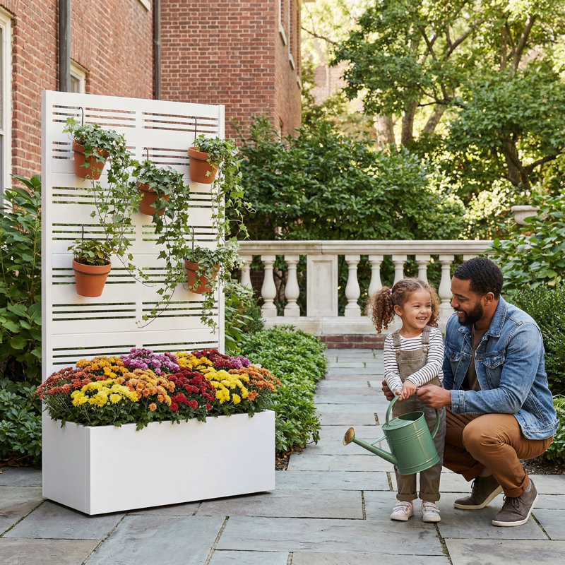 Metal Planter Box with Trellis without Wheels, White