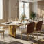 Table de salle à manger de luxe de 79 po avec plateau en pierre frittée à motif naturel aléatoire et base en métal, table de salle à manger rectangulaire moderne, mobilier de salle à manger de cuisine élégant, 10 chaises-120276781-120276780