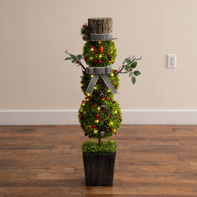 42in. Pre-Lit Artificial Christmas Boxwood Snowman Topiary Tree with 45 LED Lights in Decorative Planter