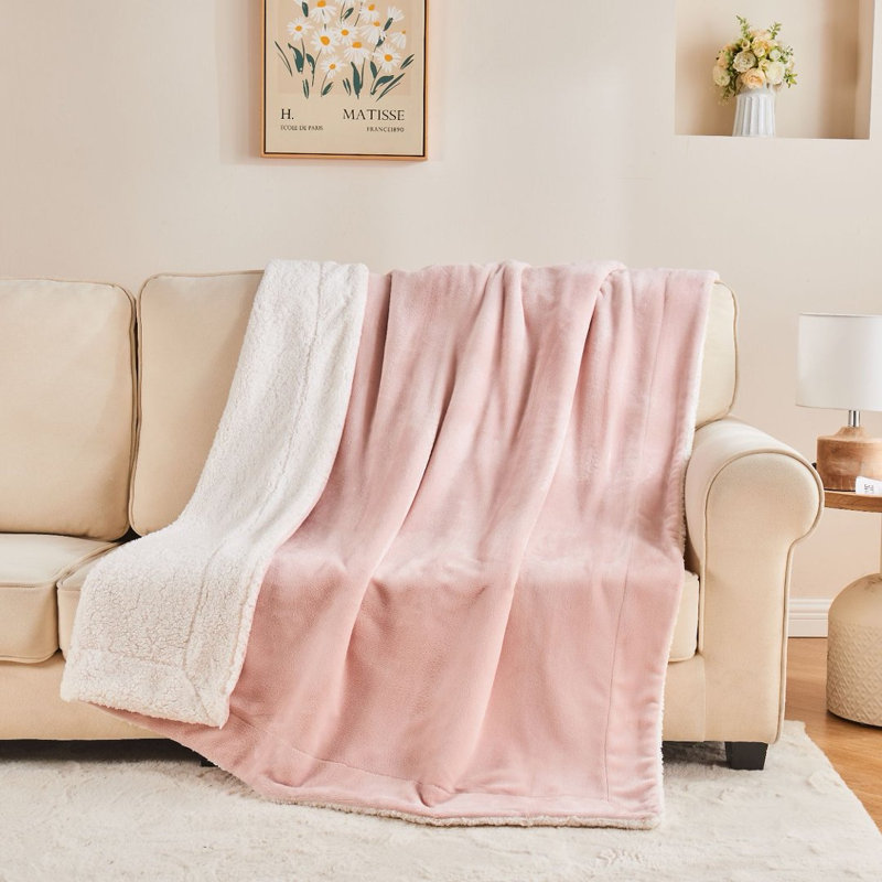 Reversible Flannel Sherpa Blanket, Soft Fluffy Plush Throw Blanket For Couch Bed., 130cm x 150cm, Light Pink