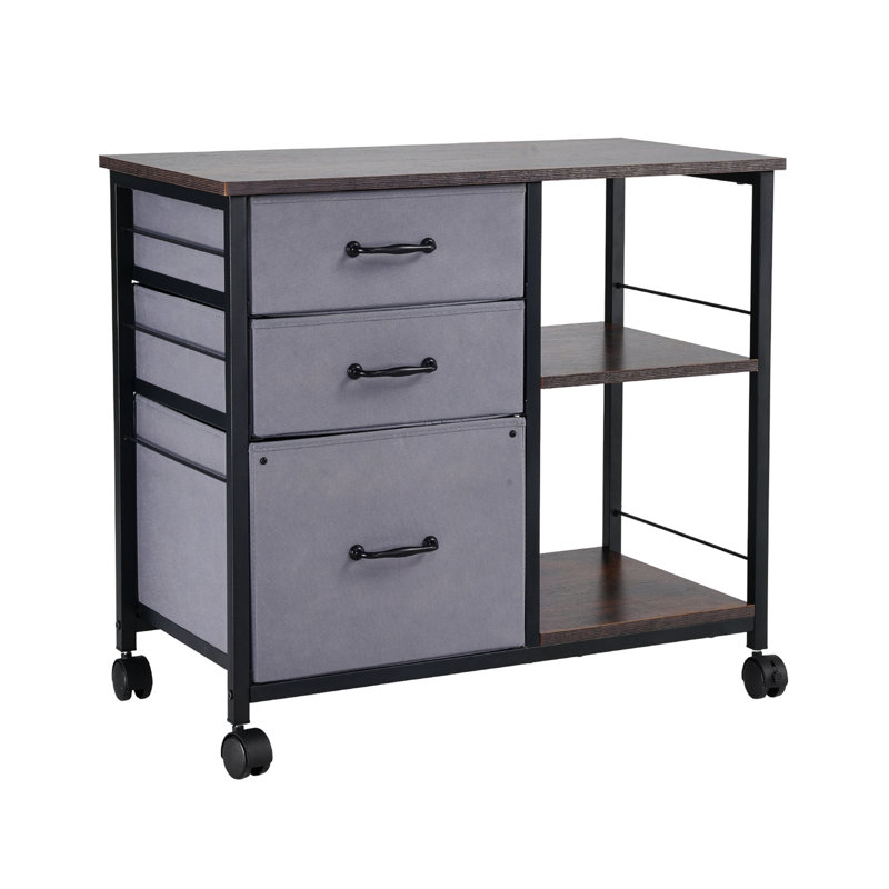 Classeur mobile en métal avec 3 tiroirs en tissu et 2 tablettes ouvertes, Brown/Grey/Black