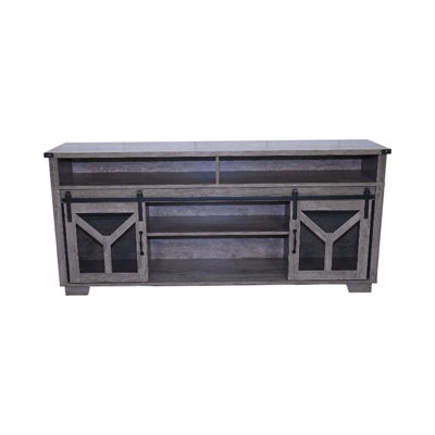 65.3 Inch Farmhouse Style TV Stand With LED Lights And Barn Door, Country Grey Finish | Gift Idea
