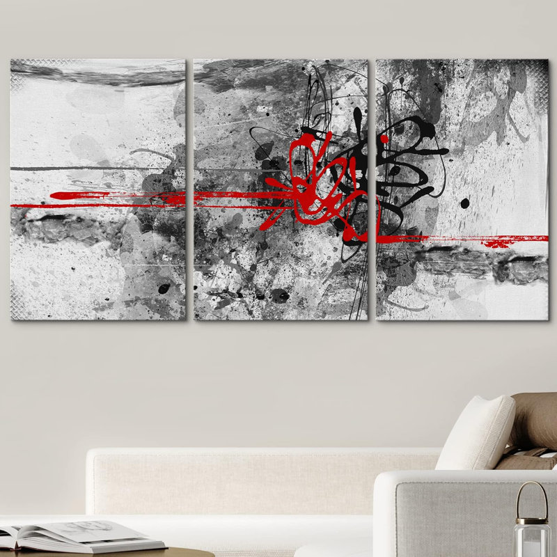 «Black and Red Grunge Watercolor Lines Abstract Shapes Modern Art Chic Scenic Relax / Calm On Canvas», reproduction de 3 pièces