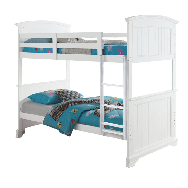 Lit simple superposé double transitionnel blanc avec conception en planches, tête de lit à panneau, pieds réversibles et à équerre, fabrication en bois d'ingénierie massif, système de joint de verrouillage à insert en blanc, bois