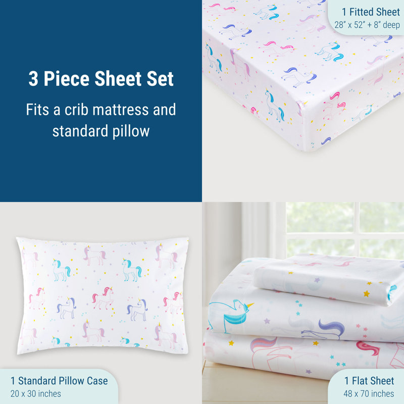 White Cotton Unicorn Print Toddler Sheet Set