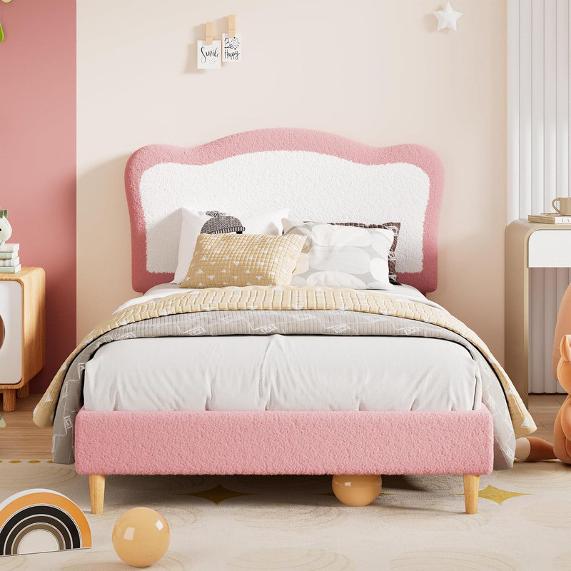 Upholstered Twin/Full Bed with Scallop Headboard - Berber Fleece Kids Bed, Noise-Free, No Box Spring Needed, Full, Pink