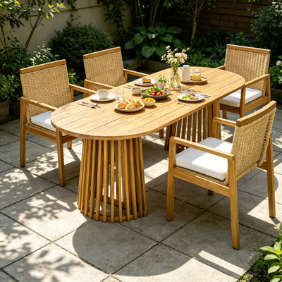 Dorset Patio 6-Person Acacia Wood Dining Set With PE Wicker Backrest & Cushions