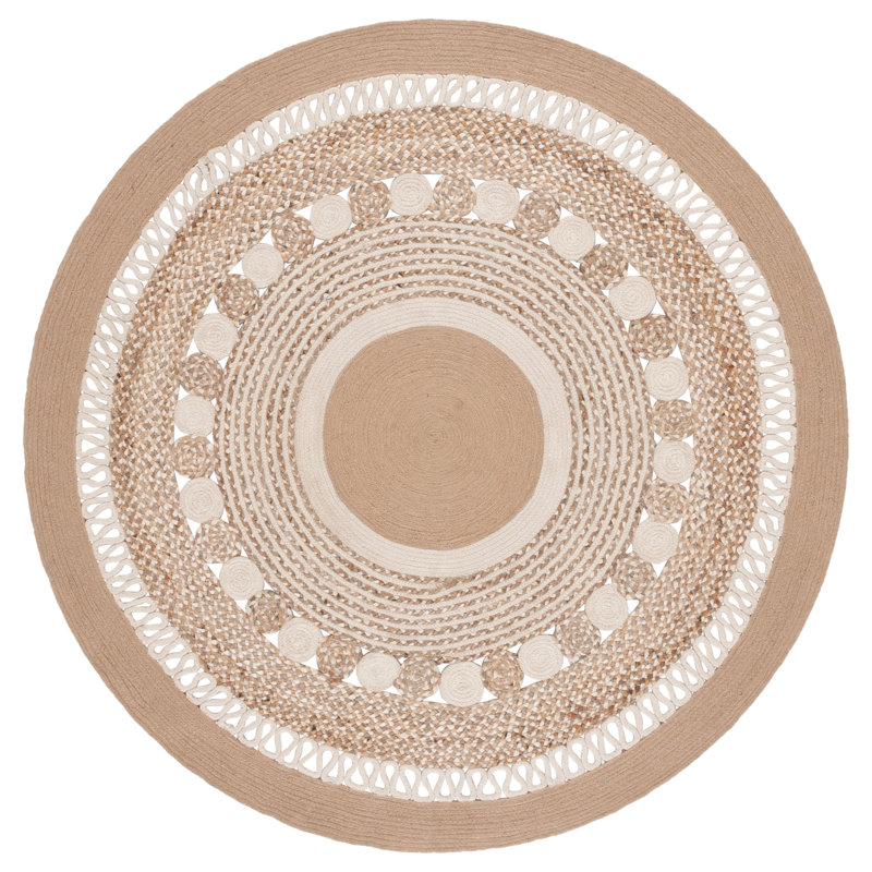 Natural Fiber Handwoven Jute & Cotton Geometric Rug in Natural/Ivory, Round 5'