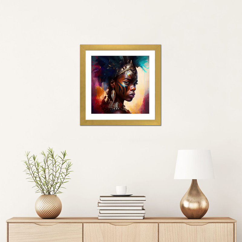 Powerful African Warrior Woman IV, Gold Open Corner Frame Paper, 16" H x 16" W x 1" D