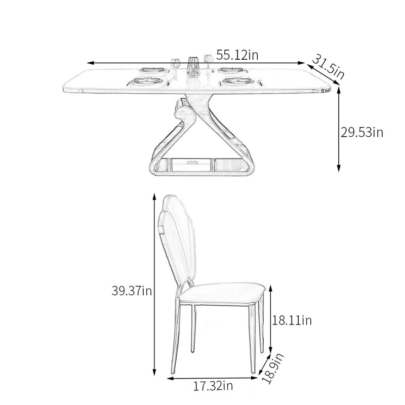 Ensemble de salle à manger rectangulaire, H 29,53 po x L 55,12 po x l 31,5 po, 7