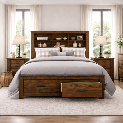 Platform Storage Bed with Bookcase Headboard and Footboard Drawers