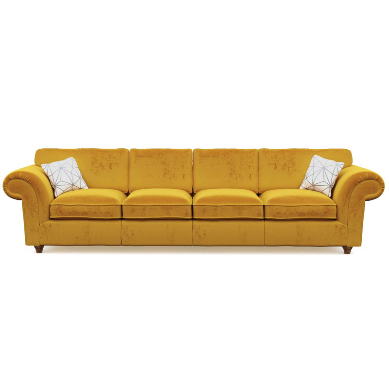 Windsor 4 Seater Velvet Sofa, Saffron, Dark Brown Wood