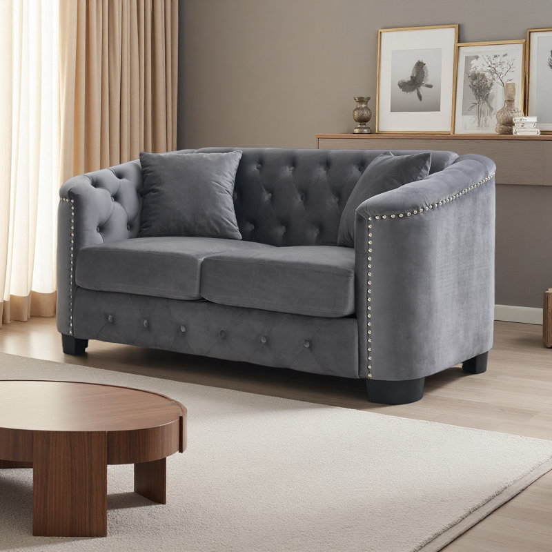 Canapé Hafid, Velours gris velours, H 30 po x l 59 po x P 31,5 po