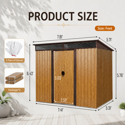 8ft x 6ft Outdoor Metal Storage Shed with Lockable Sliding Doors and Transparent Panels for Garden, Lawn (Coffee)