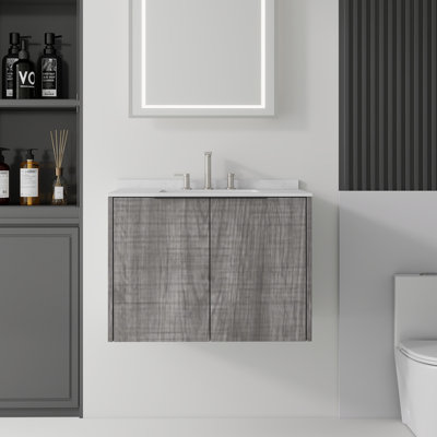 Meuble-lavabo flottant avec lavabo, avec porte à fermeture en douceur, plateau en marbre de Carrare, contreplaqué