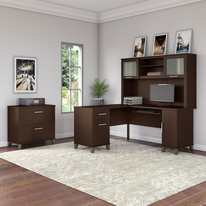 Ensemble de bureau d'ordinateur en L 3 pièces avec rehausse Magomed, Cerise mocha