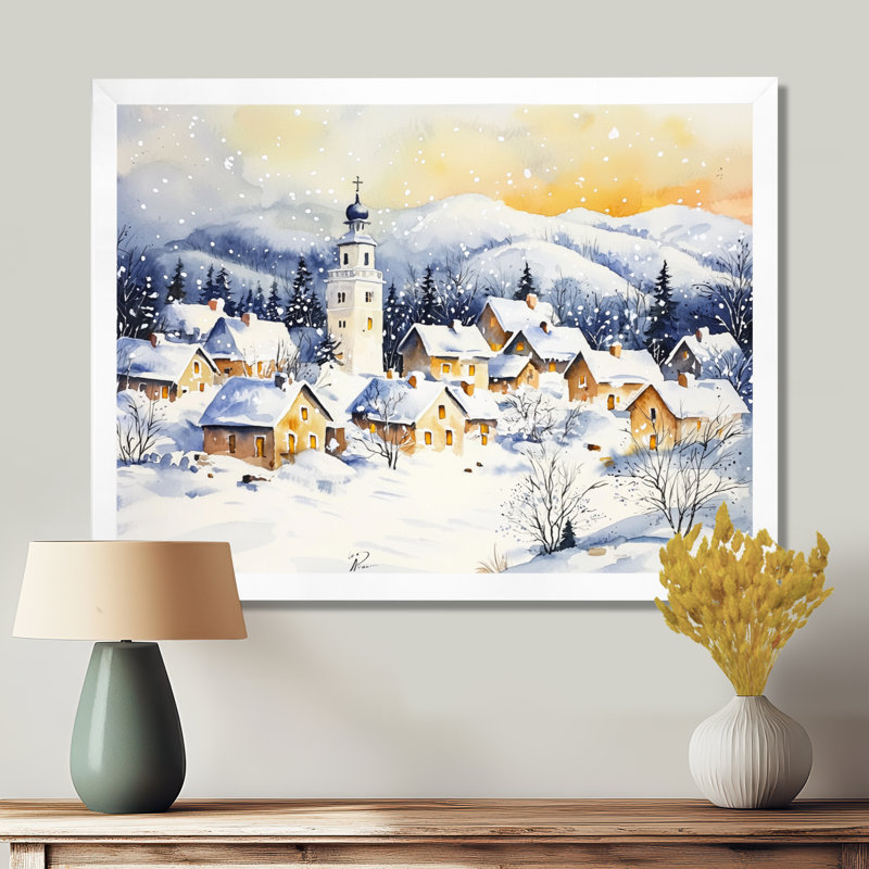 «Snowy Village At Night III», impression de paysage d'hiver, H 34 po x l 44 po, Reproduction encadrée, Blanc