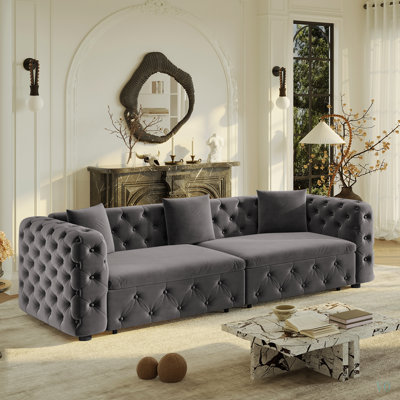 Très grand canapé-lit multifonctionnel de 89 po, canapé-lit coulissant 3 en 1, canapé classique en velours 4 places avec design capitonné, comprend 3 coussins décoratifs, convient aux appartements et aux salons