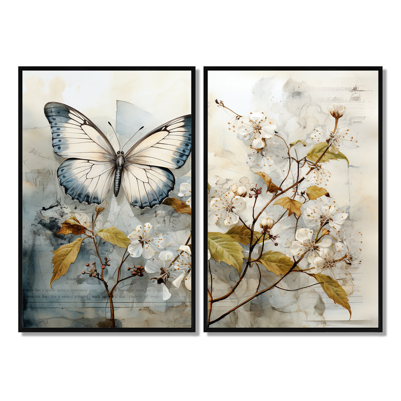 Collette - grand ensemble d'art mural de 2 papillons, Black, 36" H x 48" W, Impression encadrée flottante