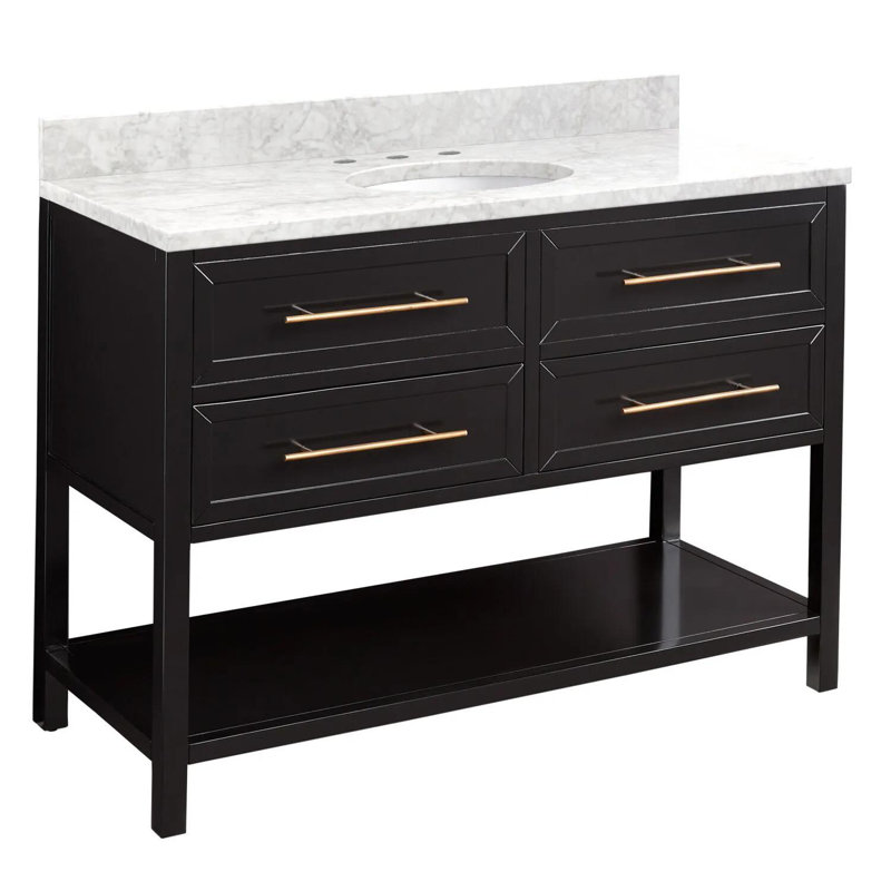 48" Robertson Single Bathroom Vanity Set with Oval Undermount Sink, Black, 8" Widespread, Feathered White Quartz