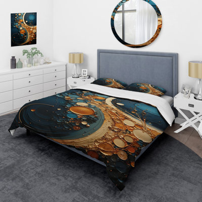 Ensemble de housse de couette à spirales abstraites Gold Teal Abstract Spirals II - Microfibre de polyester