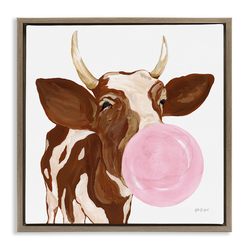  «Happy Bubblegum Cow», art encadré sur toile flottante dorée par Yvette St. Amant, H 25 po x l 25 po