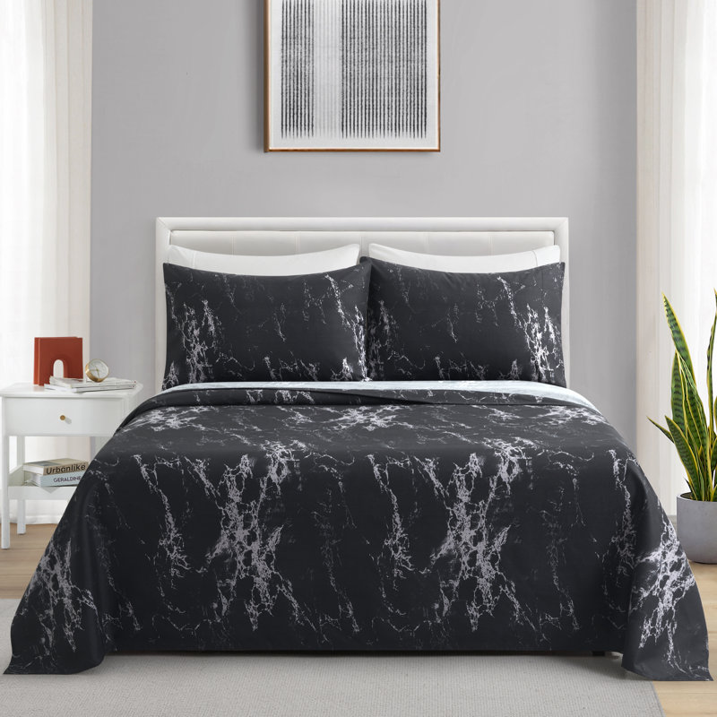 Marina Decoration Home Decor Bedding Bedroom Bedsheet Soft Silky Deep Pocket Rayon from Bamboo All Season 6 Pieces Printed Sheet Set with 4 Pillowcases, Modern Black Marble Pattern King Size