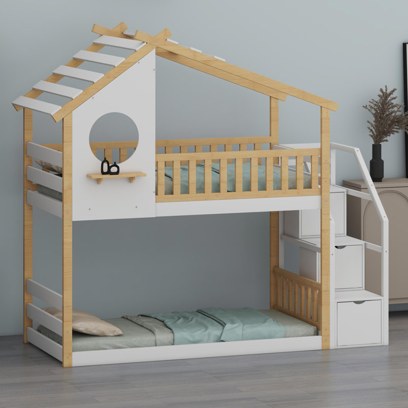 Lit superposé d'escalier peu encombrant avec rangement intégré et garde-corps de style maison